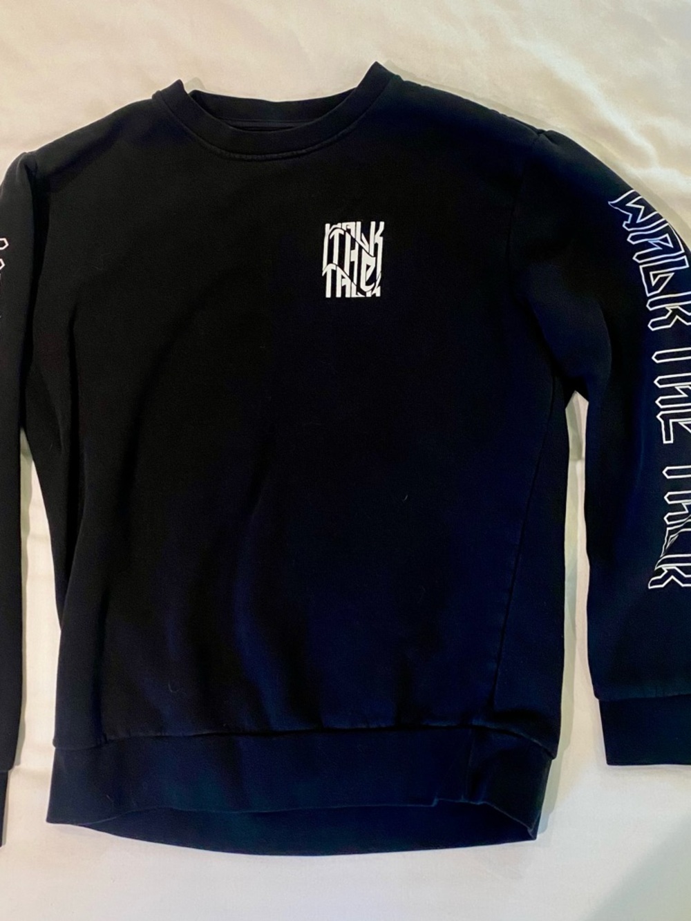 Black Crewneck Sweatshirt with White Graphic Chest and‎ Sleeve Print